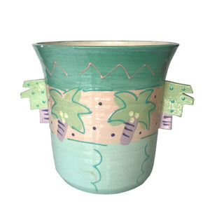 Vintage Susan Painter Studio Pottery 80's Art Vase Palm Tree Pastel Planter FL